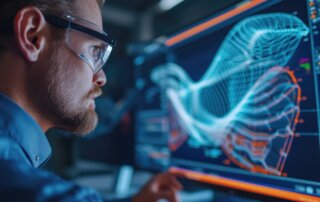 Zoomed-in image of an aerospace engineer designing a supersonic aircraft wing, computational fluid dynamics simulation on screen