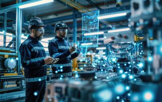 Two Industrial Engineers Use a Tablet Computer to Visualize the Wall of Big Data Statistics and optimization of High-Tech Electronics Facility. Industry 4.0 Machinery Production.