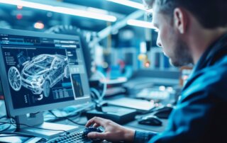 A man works at a computer in a high-tech workspace, focusing on a screen displaying detailed car engineering schematics and CAD software.