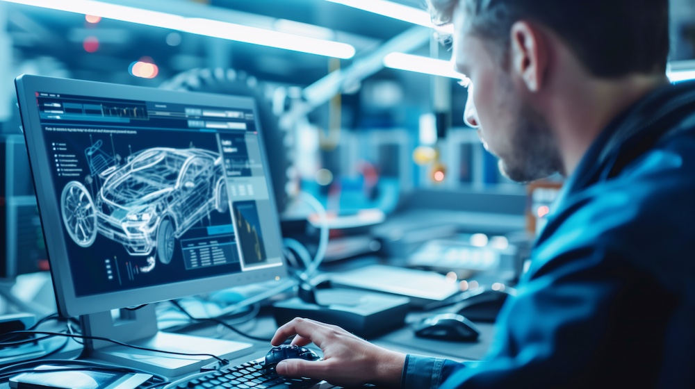 A man works at a computer in a high-tech workspace, focusing on a screen displaying detailed car engineering schematics and CAD software.