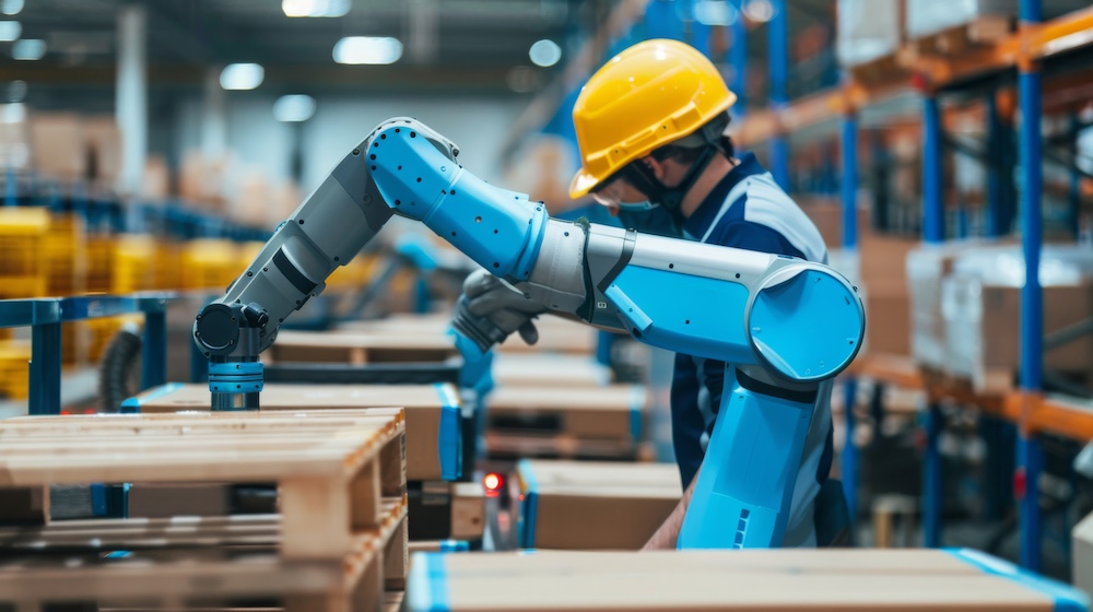 Show robots working alongside human workers in a warehouse, with collaborative robots (cobots) assisting in picking and packing tasks, enhancing productivity and safety