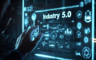 A futuristic interface showcasing Industry 5.0, highlighting digital innovations and interactive elements in manufacturing.