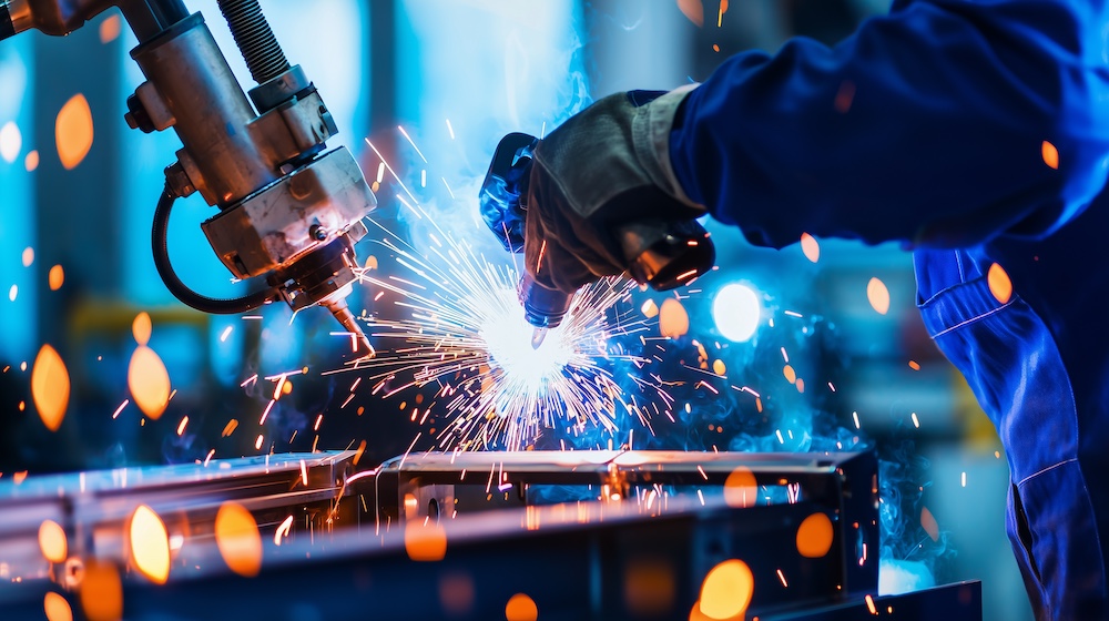 Robotic arms welding car frames on an automated assembly line in an advanced manufacturing plant, symbolizing the integration of robotics in modern automotive production. 