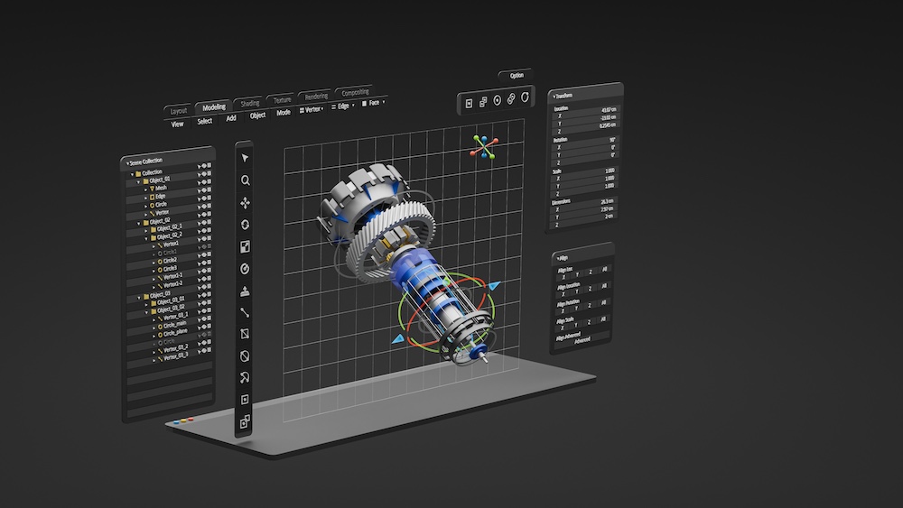 Engineering designer design 3D CAD software program Industrial engine model mechanical dimensional digital manufacturing factory engineer computer screen. 3d rendering.