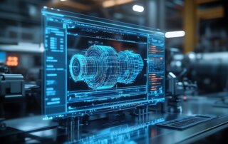 A computer screen displaying a 3D model of a machine part in a factory setting.